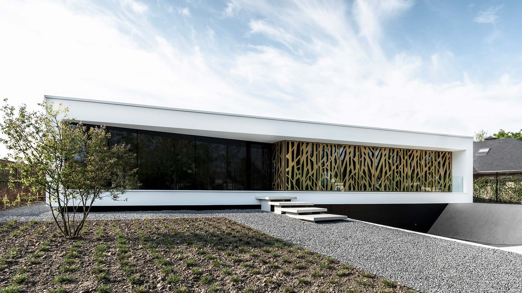 Matt zwarte Trespa plaat in garagedeur in moderne villa